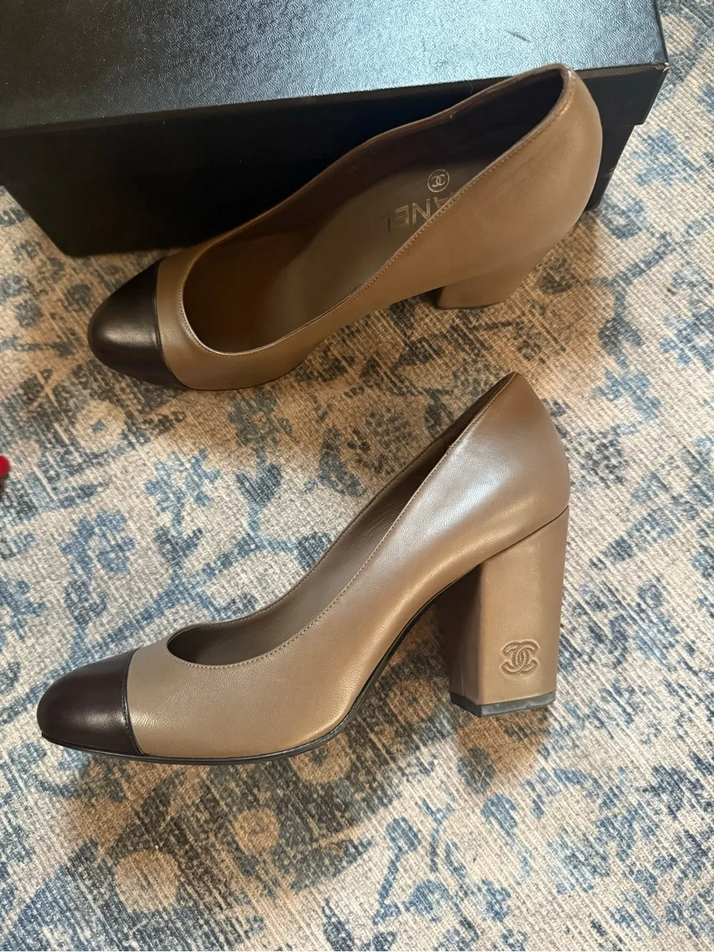 CHANEL Two-Tone Taupe and Black Cap-Toe Block Heel Pumps
